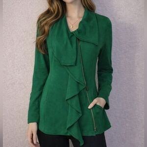 MEESH & MIA 1980s Green Assymetric Ruffle Zipper Jacket